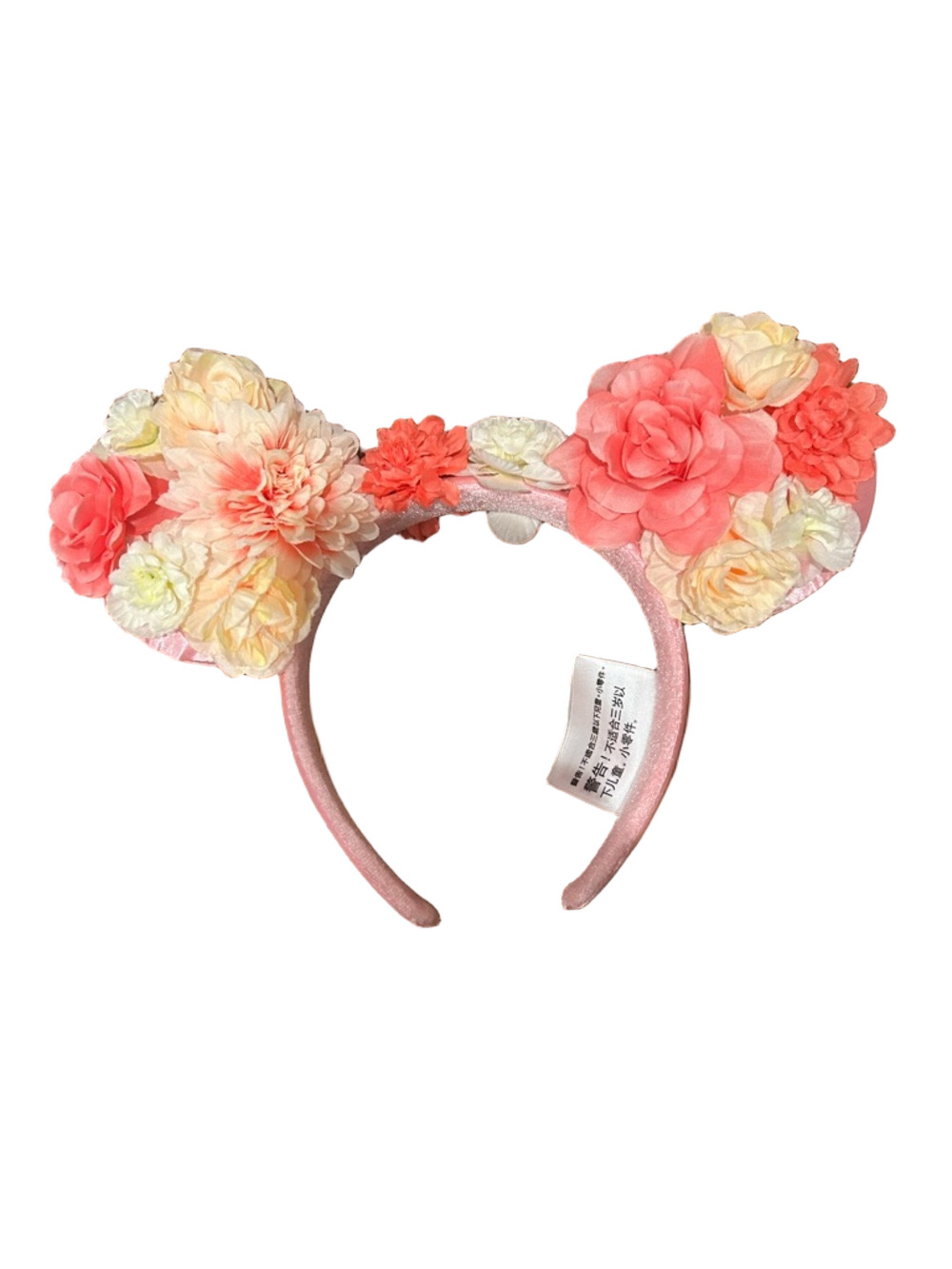 Disney Park Floral Crown  Pink Mouse Ear Headband with Coral & Cream Flowers